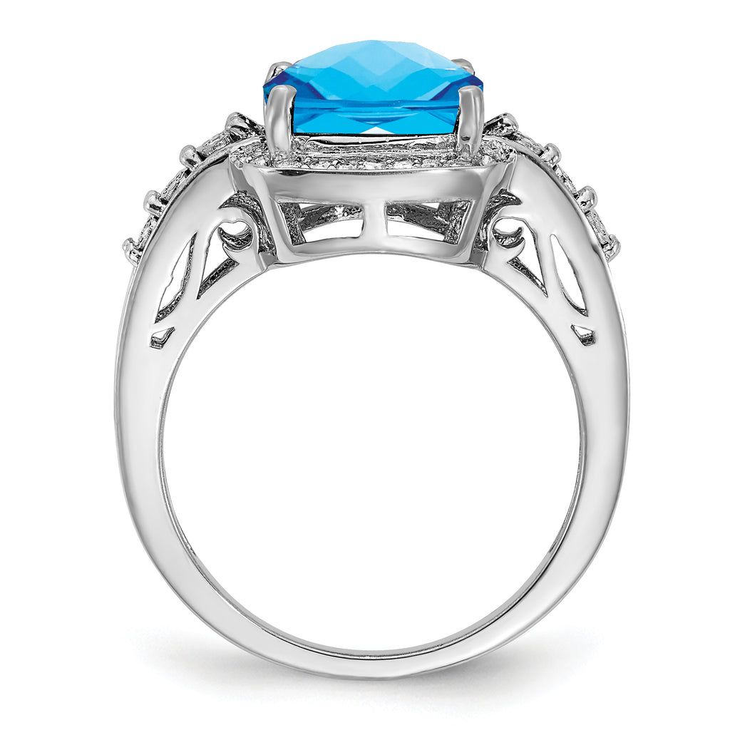 Sterling Silver Rhodium Diam. & Checker-Cut Blue Topaz Ring