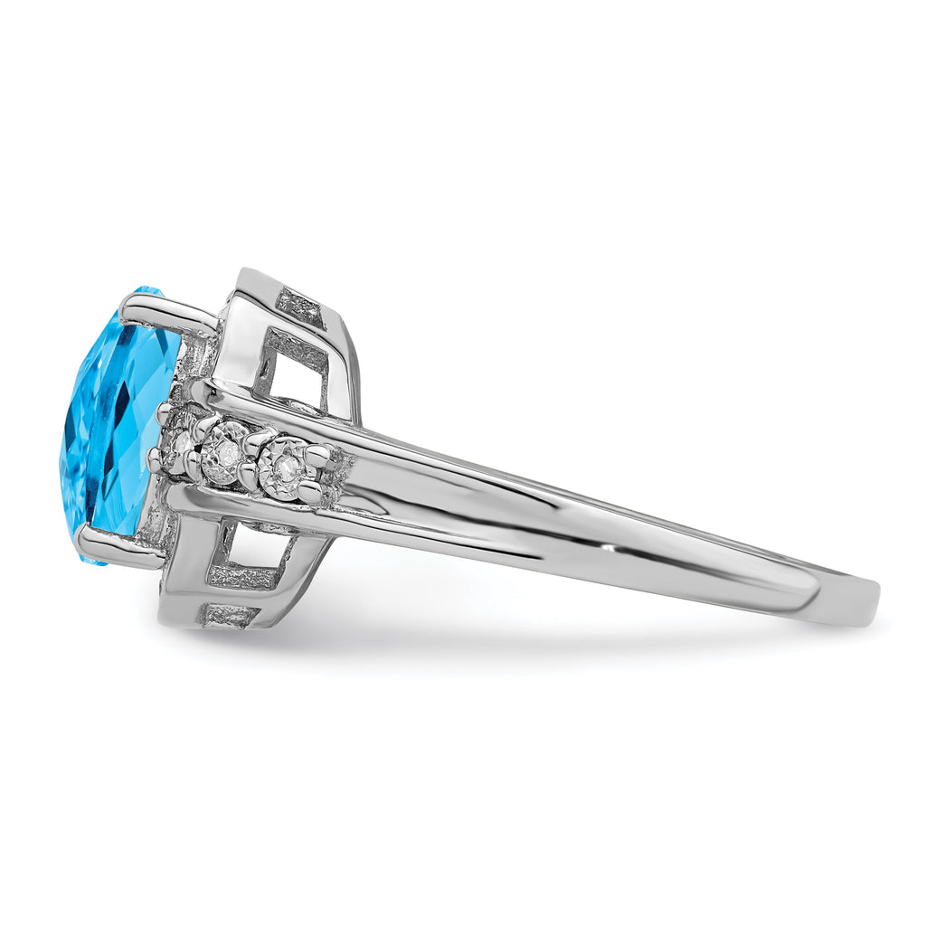 Sterling Silver Rhodium Diam. & Checker-Cut Blue Topaz Ring