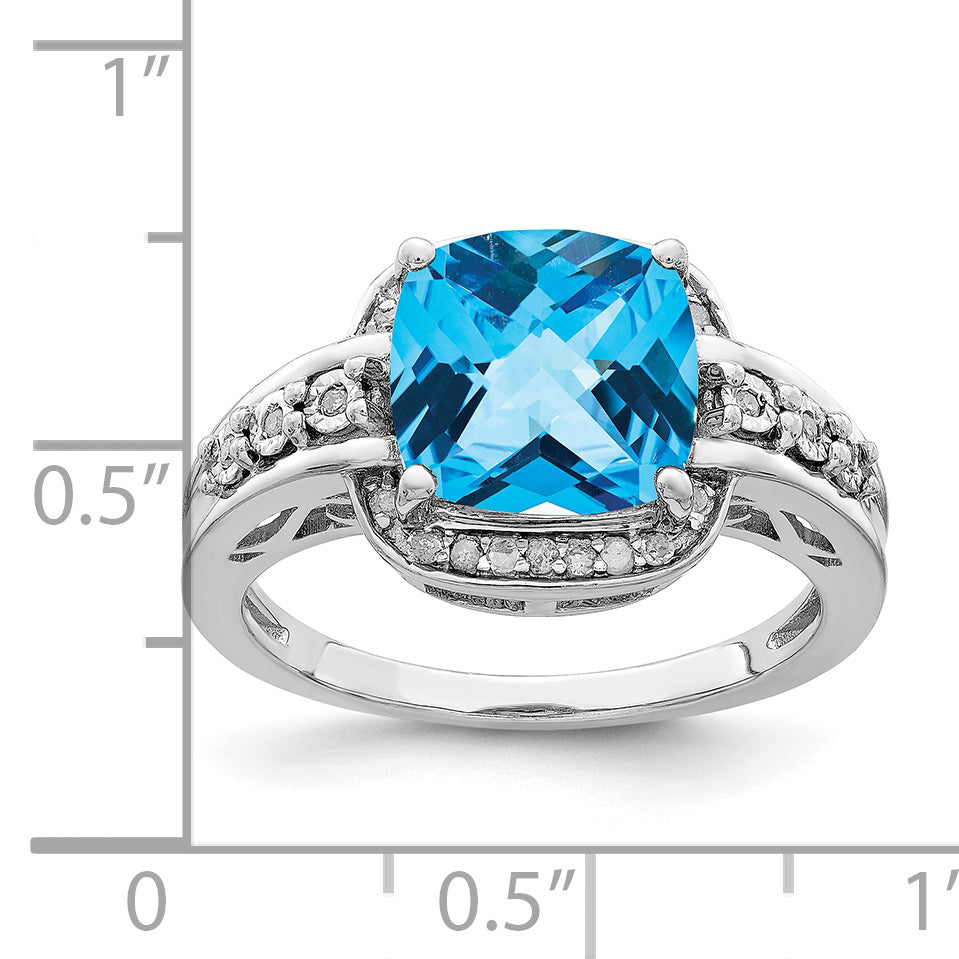 Sterling Silver Rhodium Diam. & Checker-Cut Blue Topaz Ring
