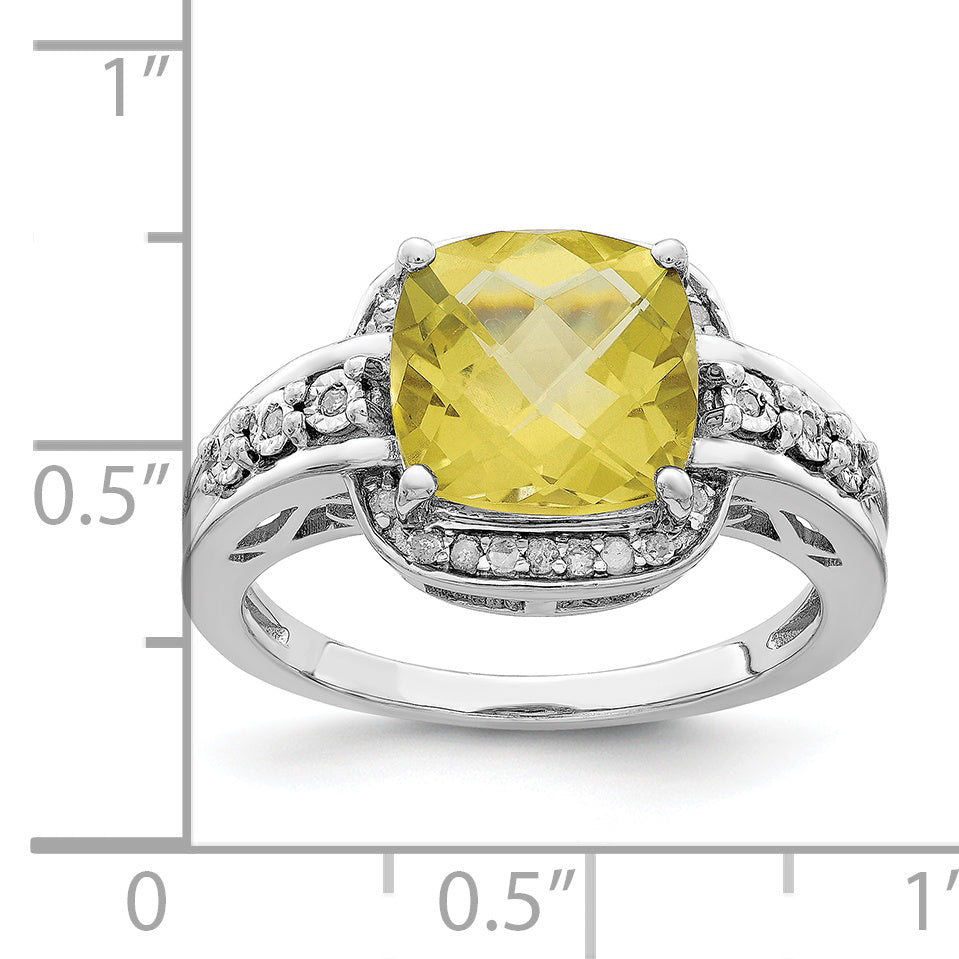 Sterling Silver Rhodium Diam. & Checker-Cut Lemon Quartz Ring