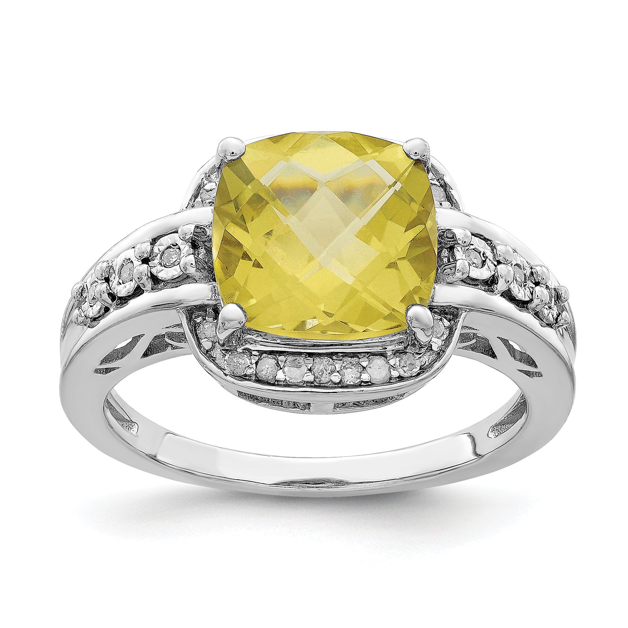 Sterling Silver Rhodium Diam. & Checker-Cut Lemon Quartz Ring Main image
