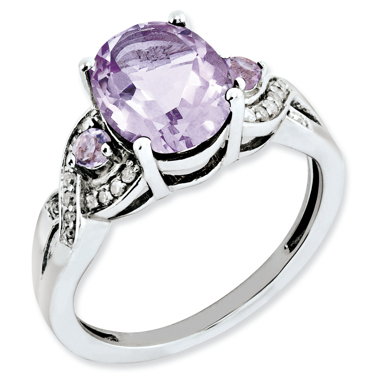 Sterling Silver Rhodium-plated Oval Diamond & Pink Quartz Ring