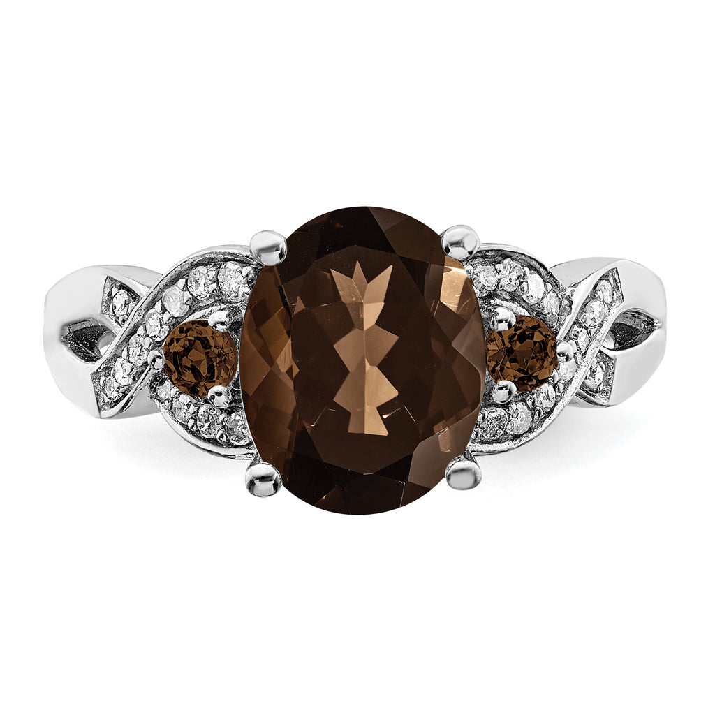 Sterling Silver Rhodium Oval Diam. & Smoky Quartz Ring
