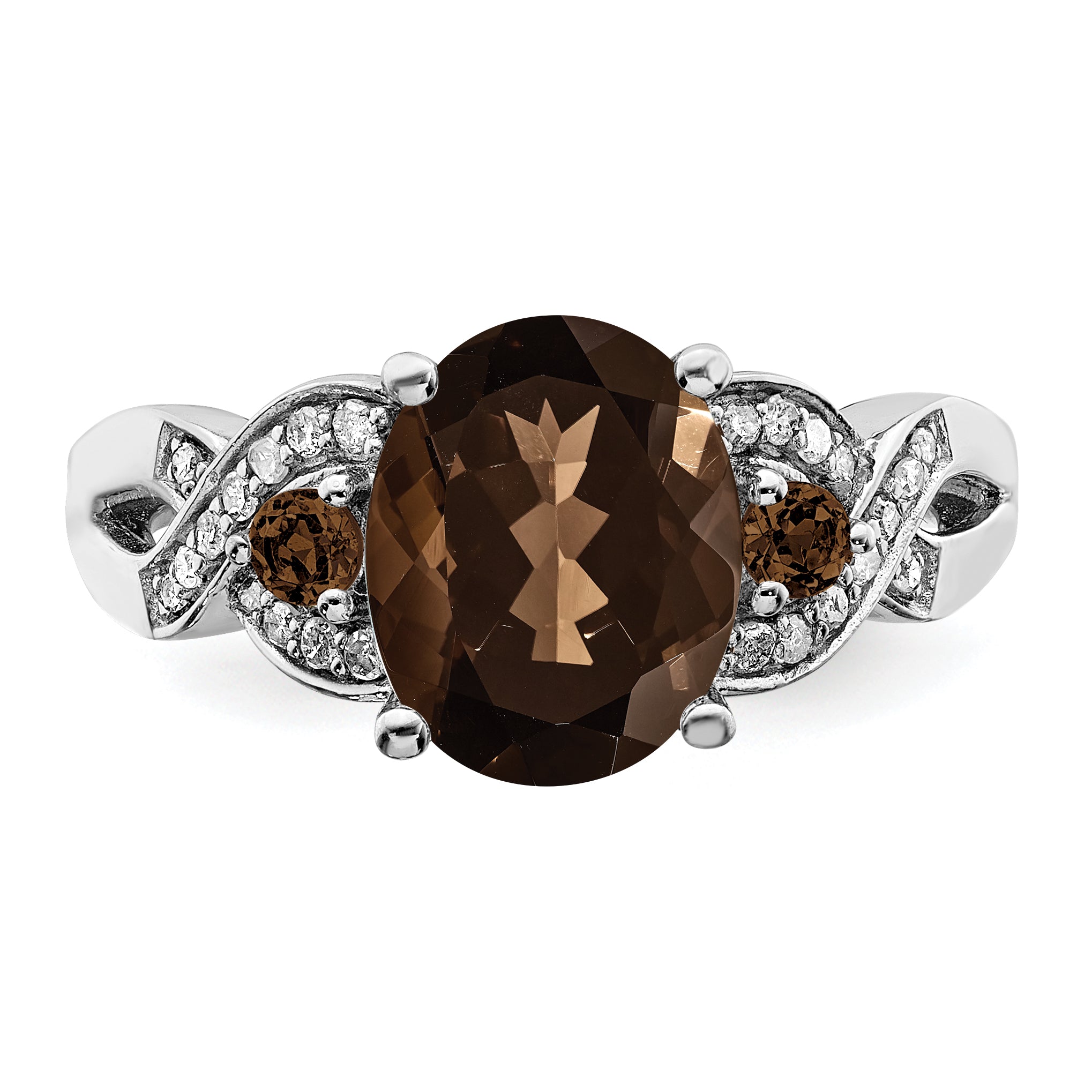 Sterling Silver Rhodium Oval Diam. & Smoky Quartz Ring