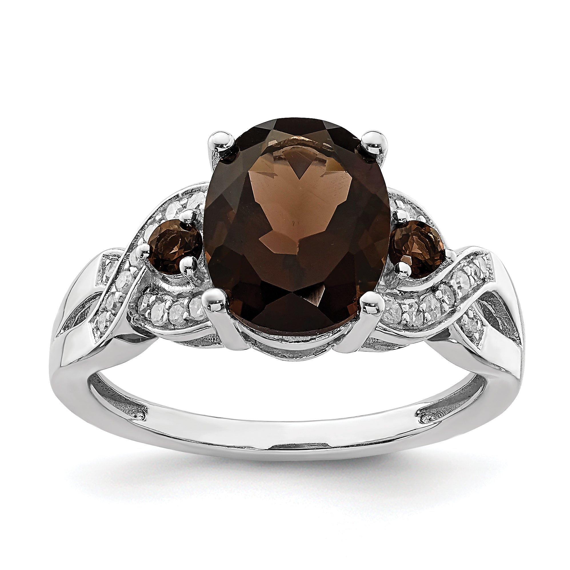Sterling Silver Rhodium Oval Diam. & Smoky Quartz Ring