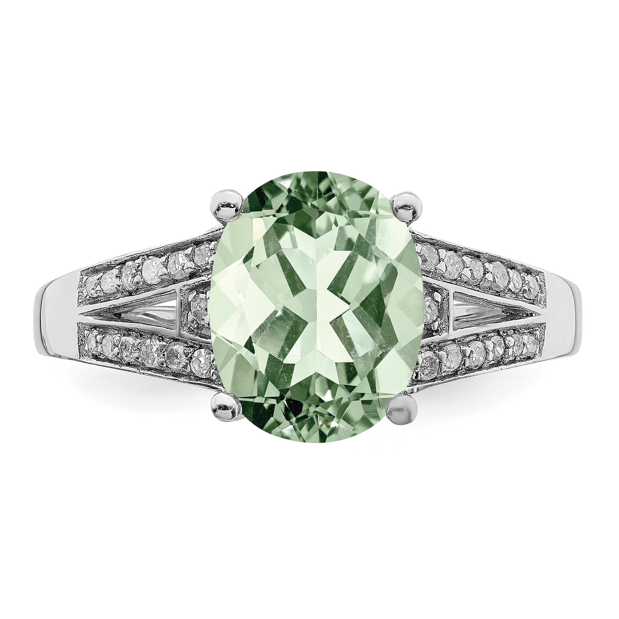Sterling Silver Rhodium Diam. & Green Quartz Ring
