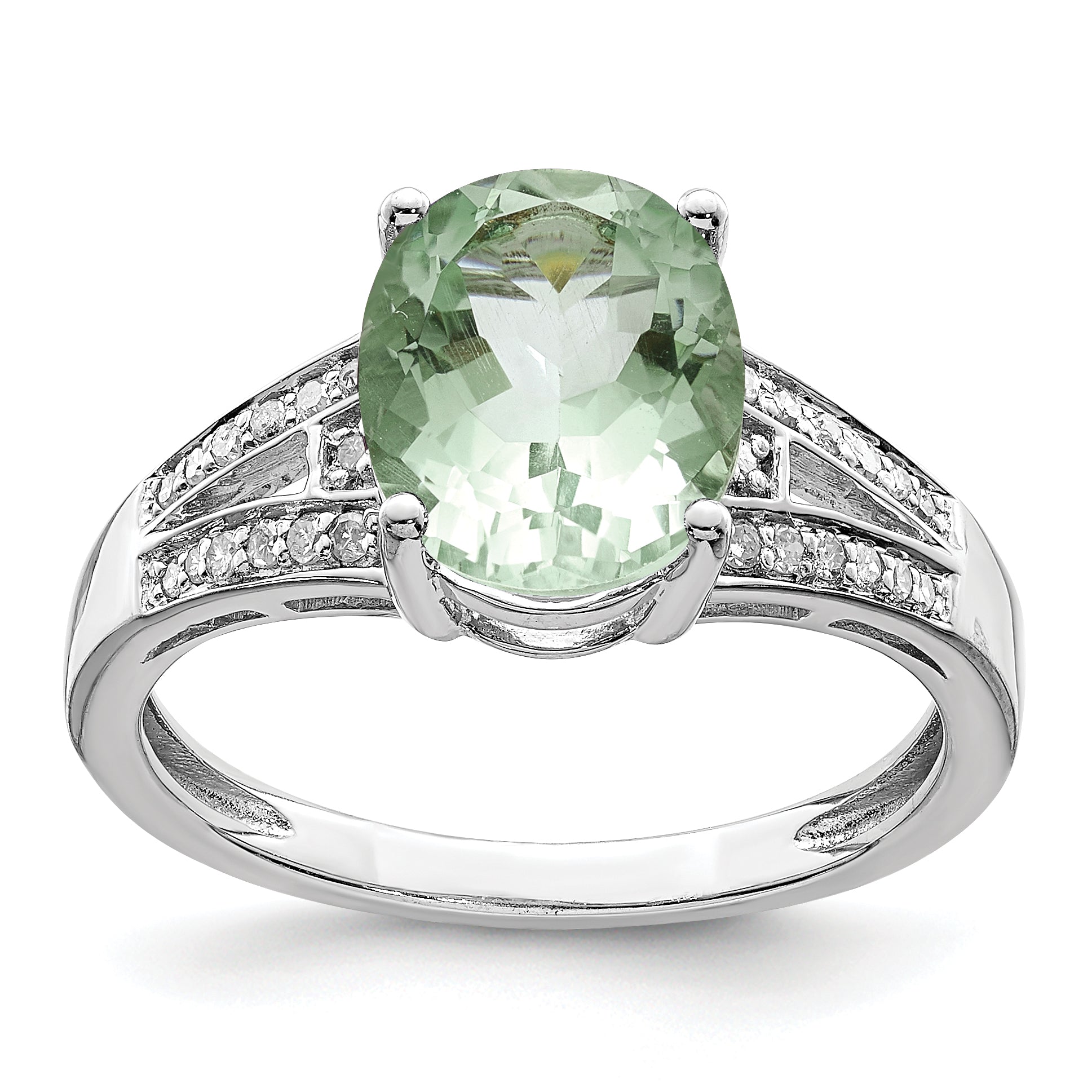 Sterling Silver Rhodium Diam. & Green Quartz Ring