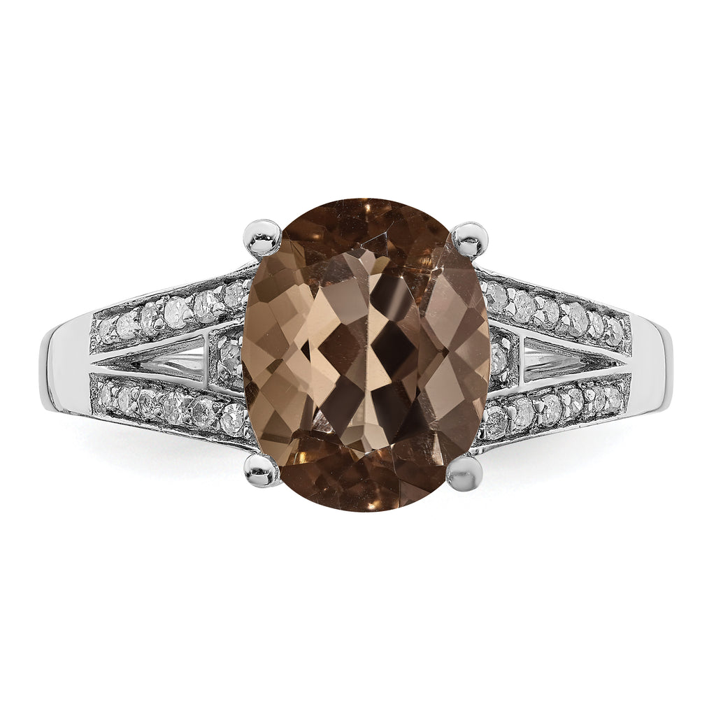 Sterling Silver Rhodium Diam. & Smoky Quartz Ring