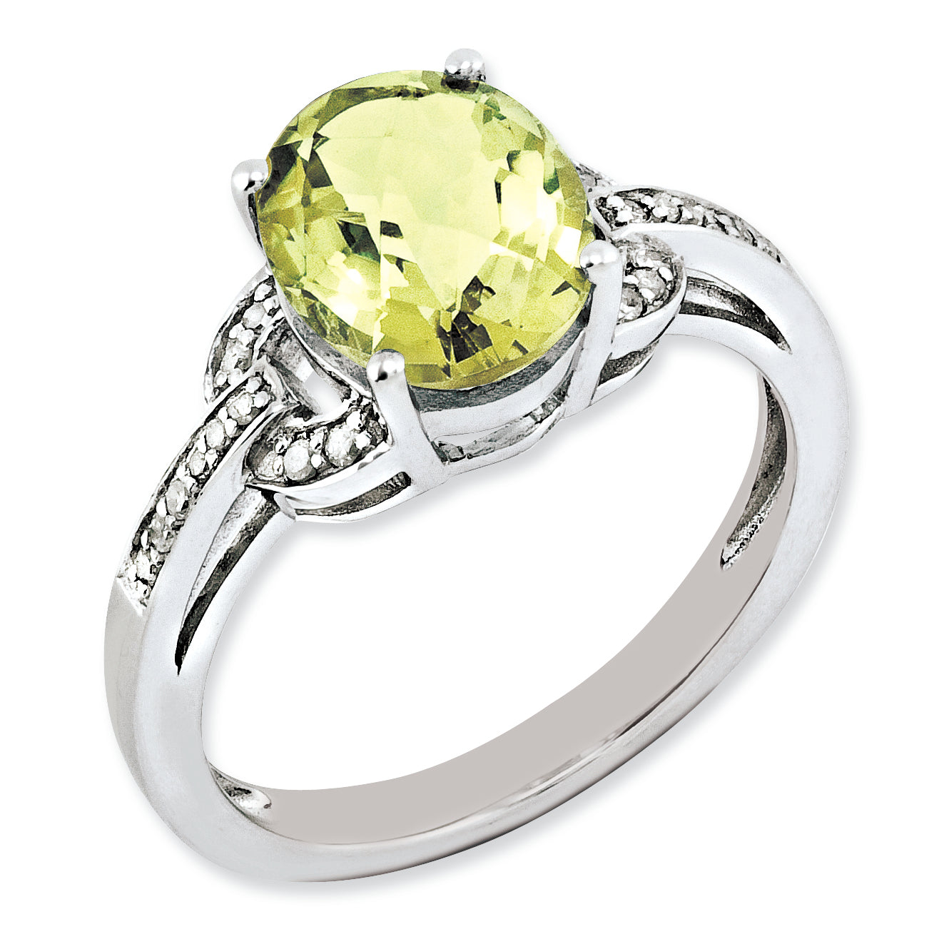 Sterling Silver Rhodium-plated Diamond & Oval Lemon Quartz Ring Main image