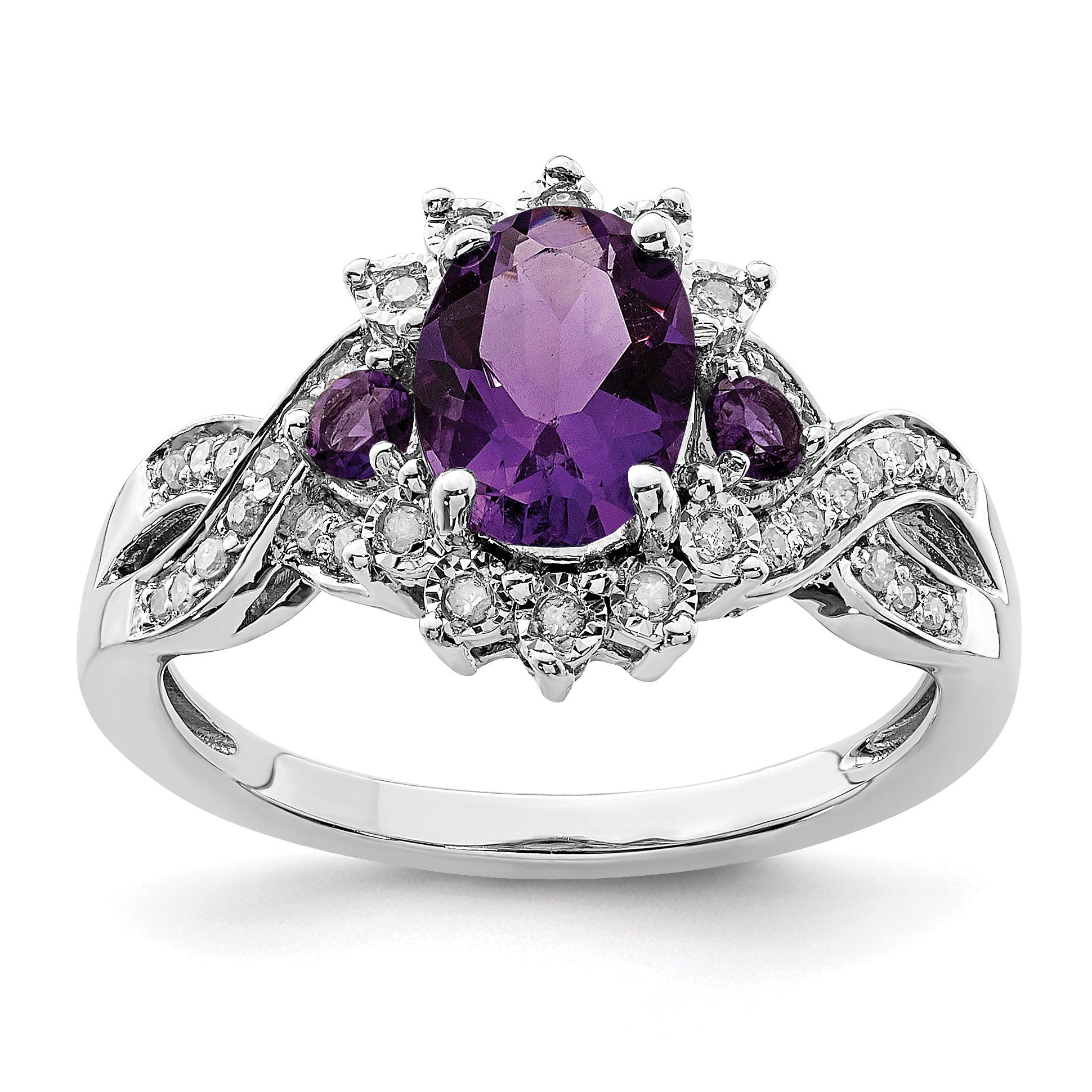 Sterling Silver Rhodium-plated Diamond & Amethyst Ring Main image