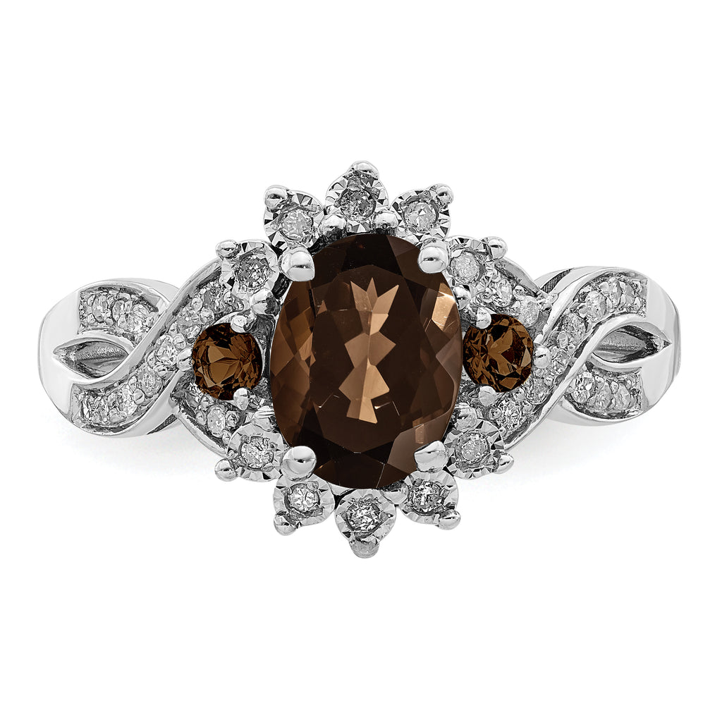 Sterling Silver Rhodium Diam. & Smoky Quartz Ring