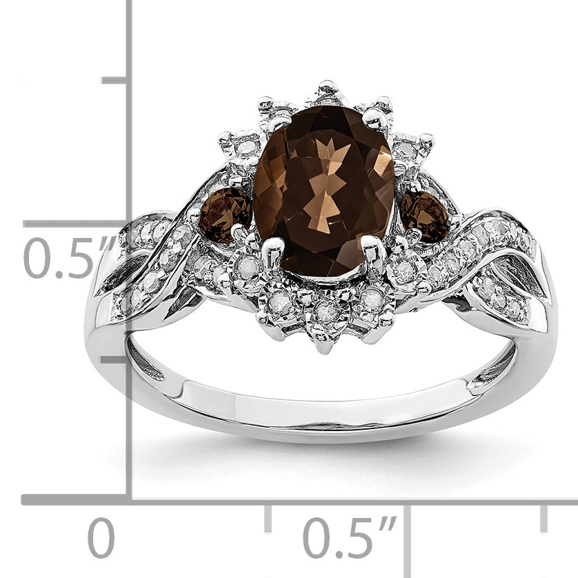 Sterling Silver Rhodium Diam. & Smoky Quartz Ring