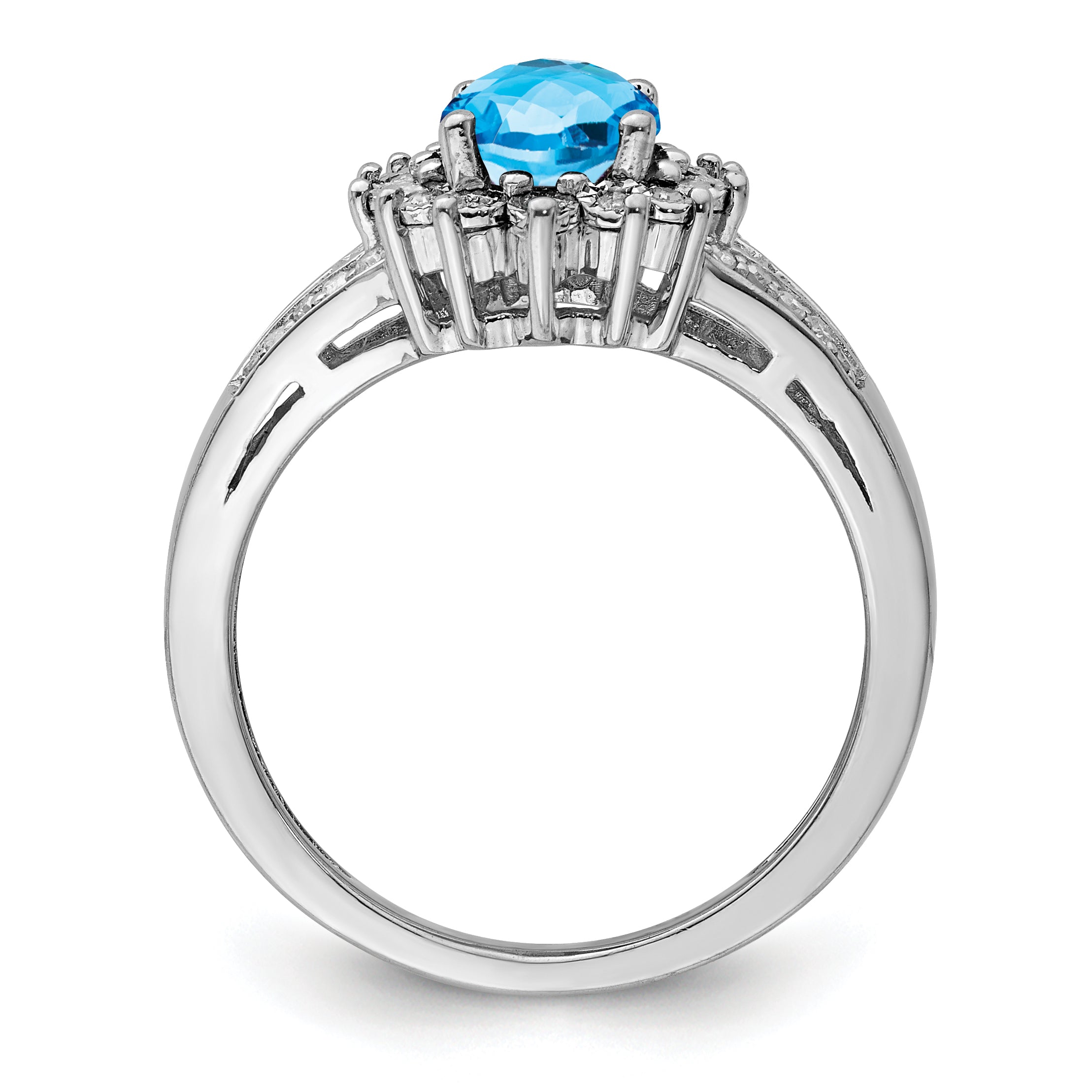 Sterling Silver Rhodium Diam. & Oval Checker-Cut Blue Topaz Ring