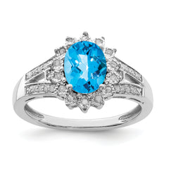 Sterling Silver Rhodium Diam. & Oval Checker-Cut Blue Topaz Ring