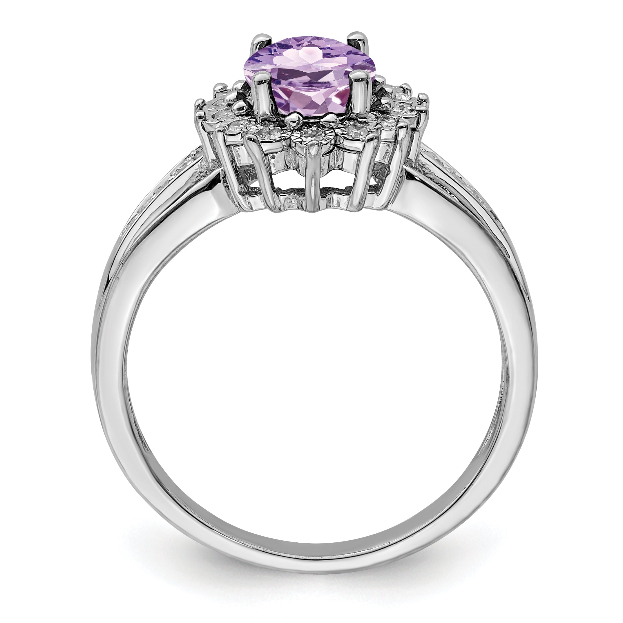 Sterling Silver Rhodium Diam. & Oval Pink Quartz Ring