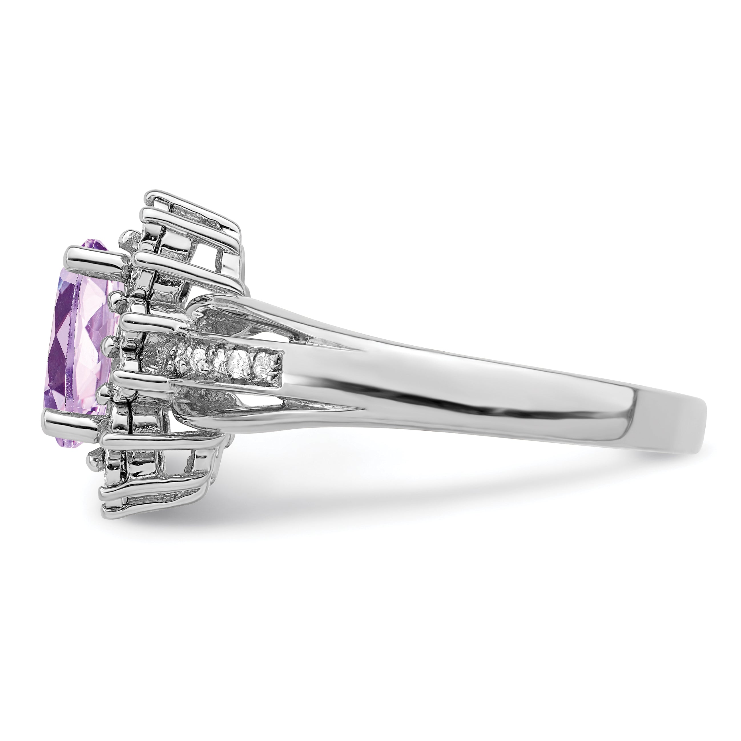 Sterling Silver Rhodium Diam. & Oval Pink Quartz Ring
