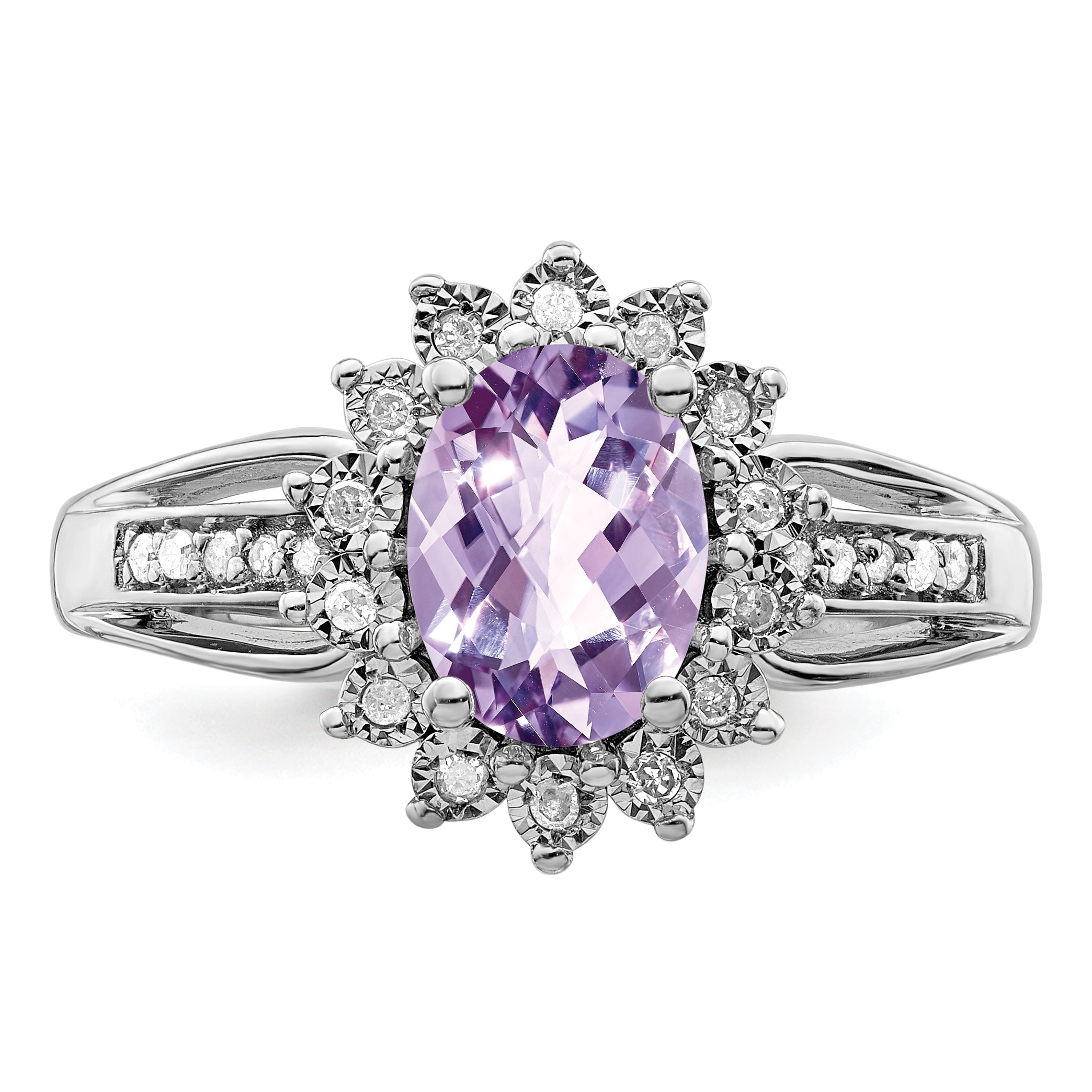 Sterling Silver Rhodium Diam. & Oval Pink Quartz Ring