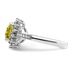 Sterling Silver Rhodium Diam. & Oval Checker-Cut Lemon Quartz Ring