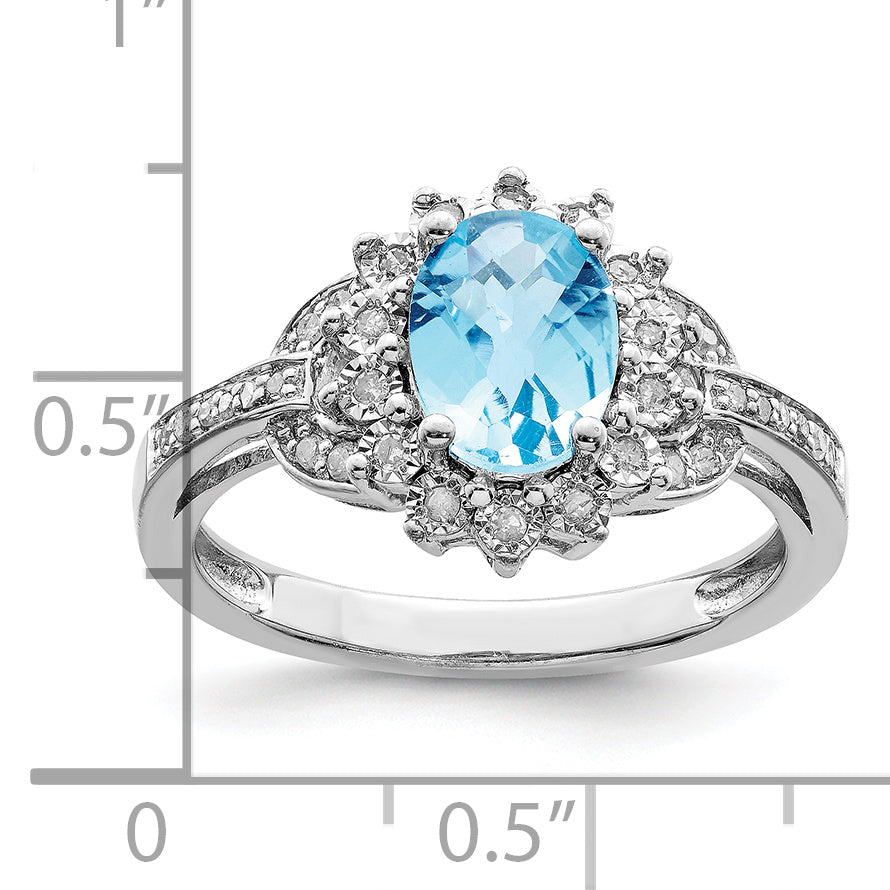 Sterling Silver Rhodium Diam. & Checker-Cut Sky Blue Topaz Ring