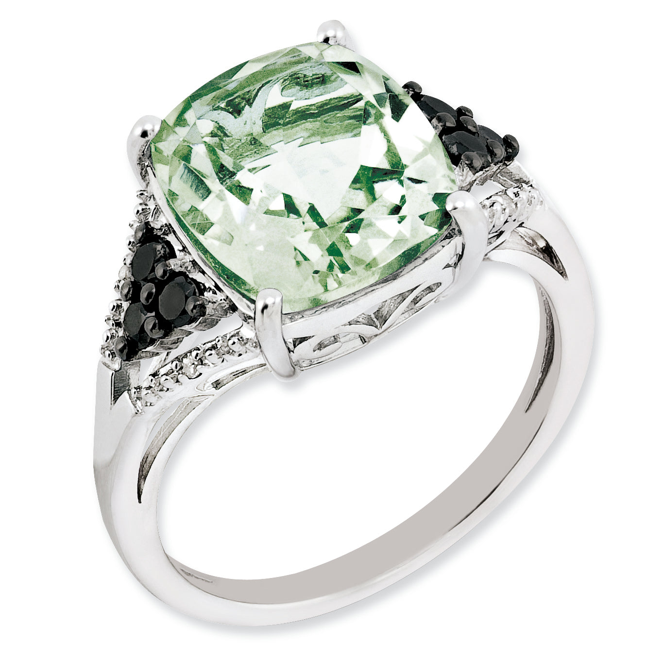 Sterling Silver Rhodium-plated Diamond & Green Quartz Ring Main image