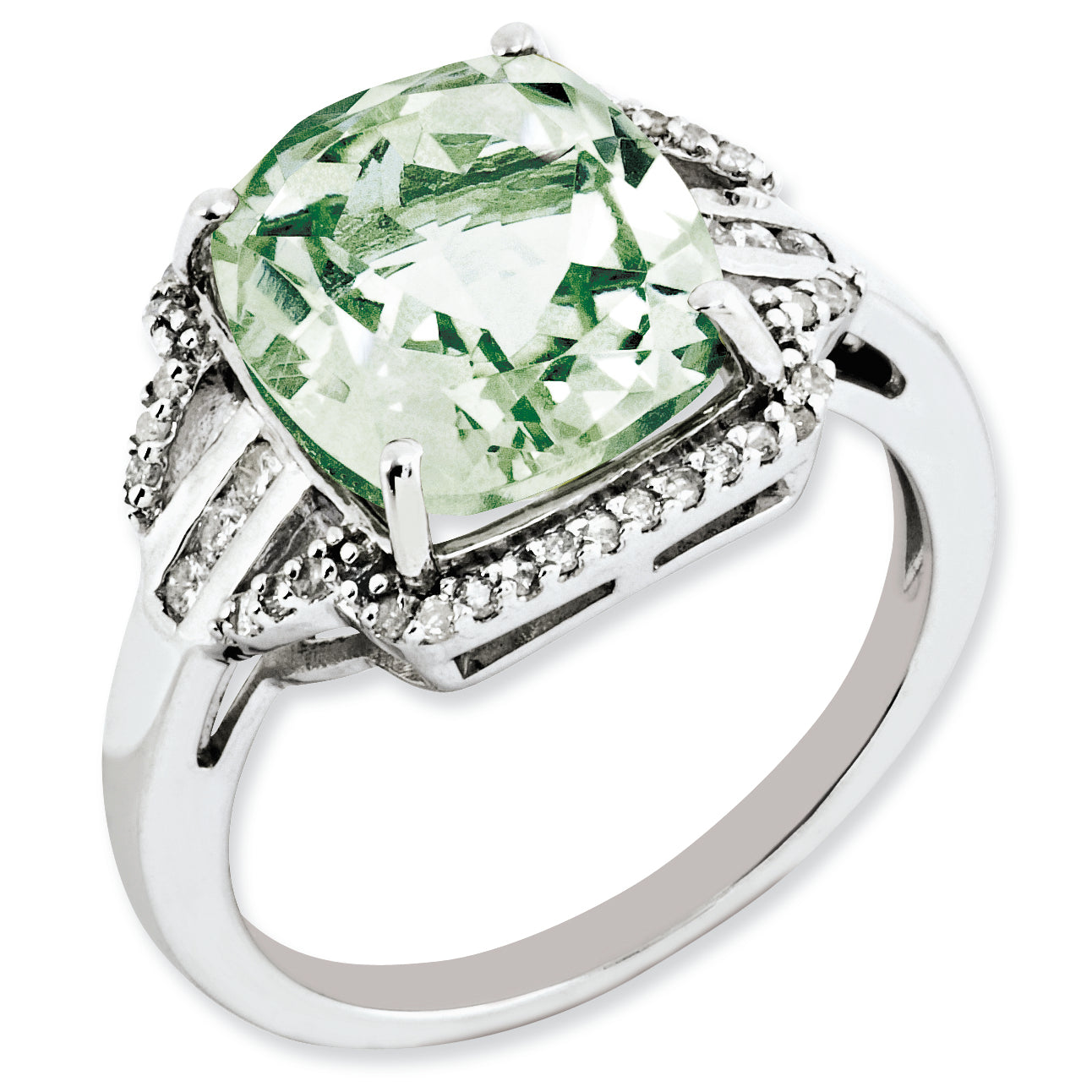 Sterling Silver Rhodium-plated Diamond & Checker-Cut Green Quartz Ring Main image