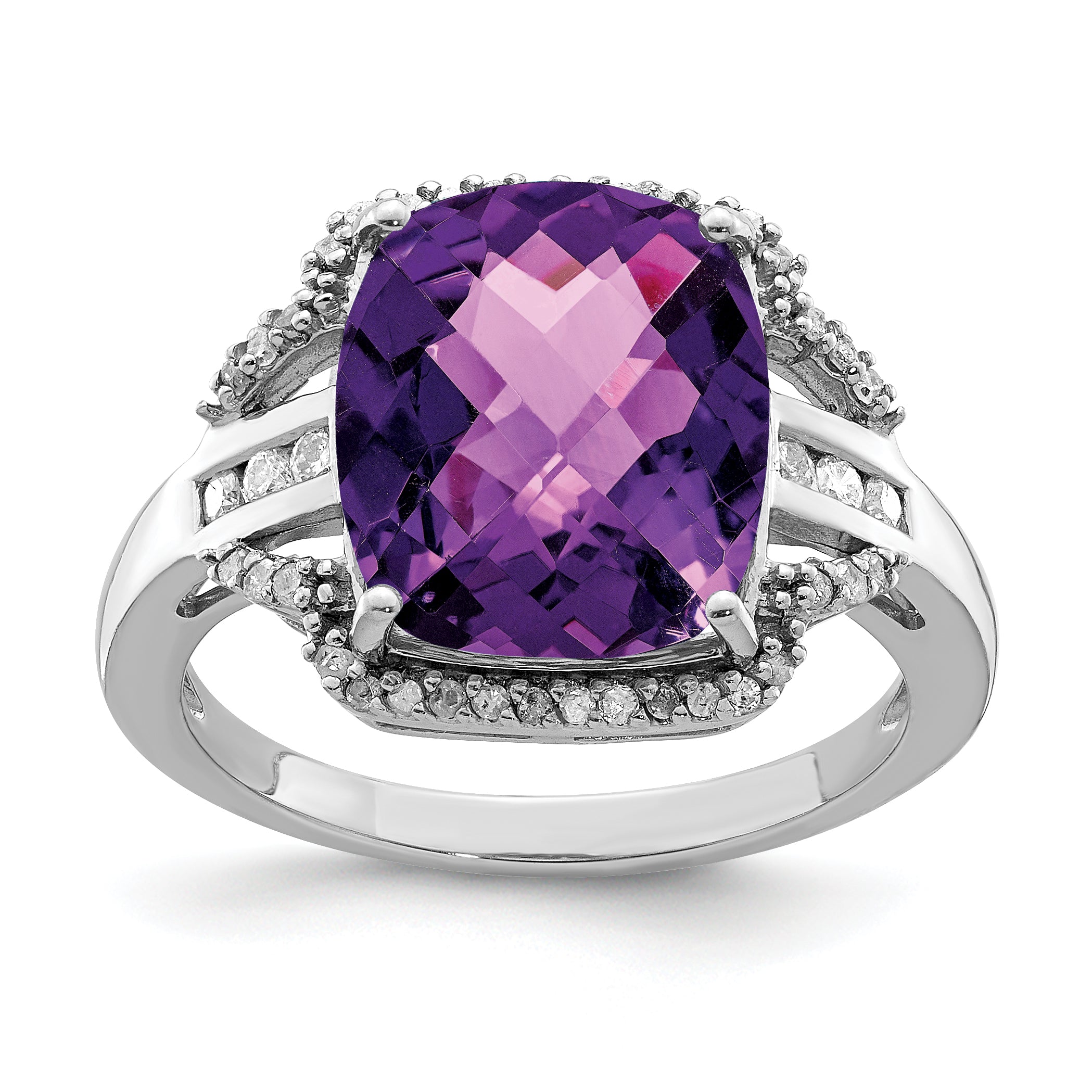 Sterling Silver Rhodium-plated Checker-Cut Amethyst & Diamond Ring Main image