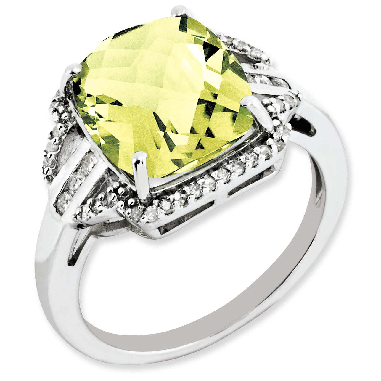 Sterling Silver Rhodium-plated Diamond & Checker-Cut Lemon Quartz Ring