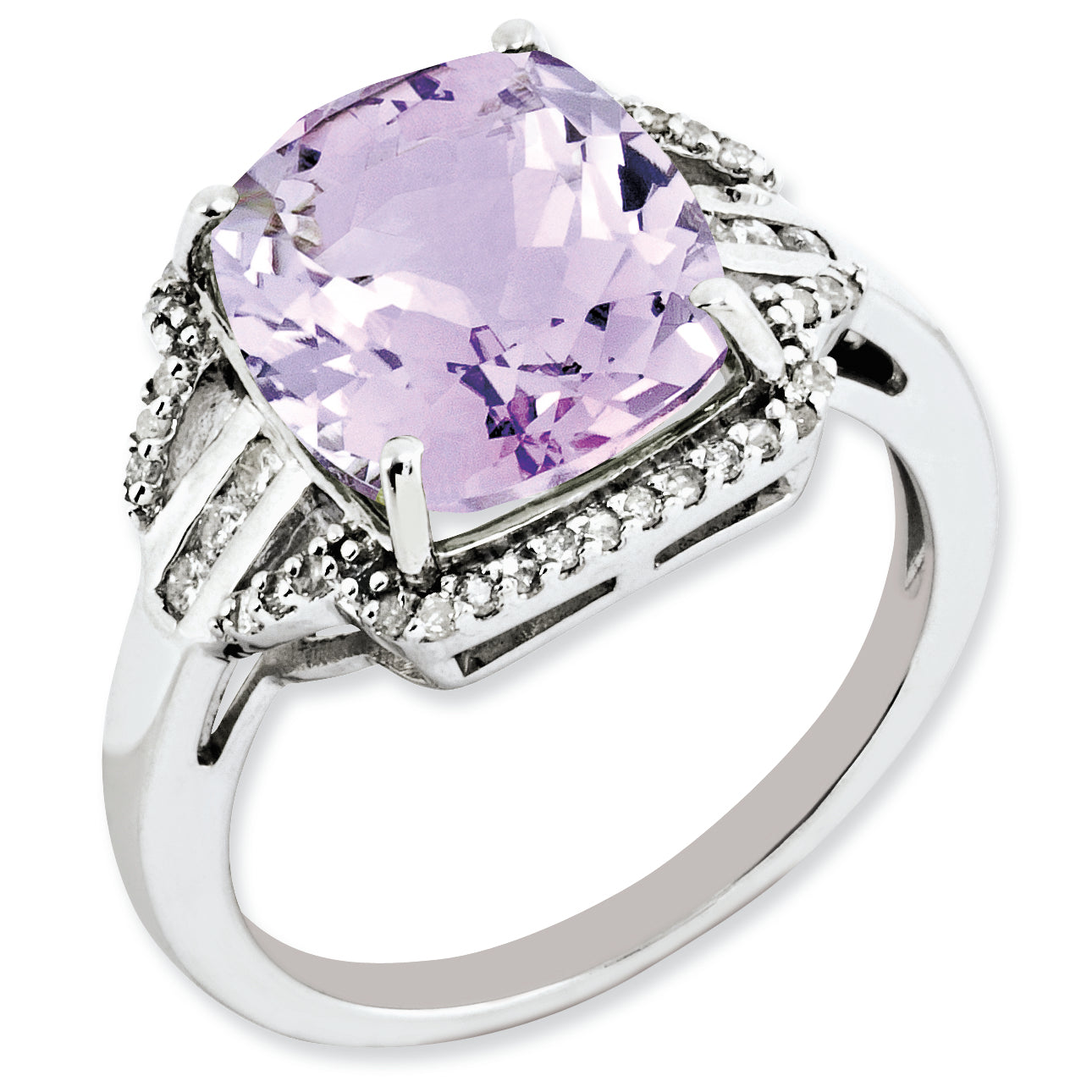 Sterling Silver Rhodium-plated Diamond & Checker-Cut Pink Quartz Ring Main image