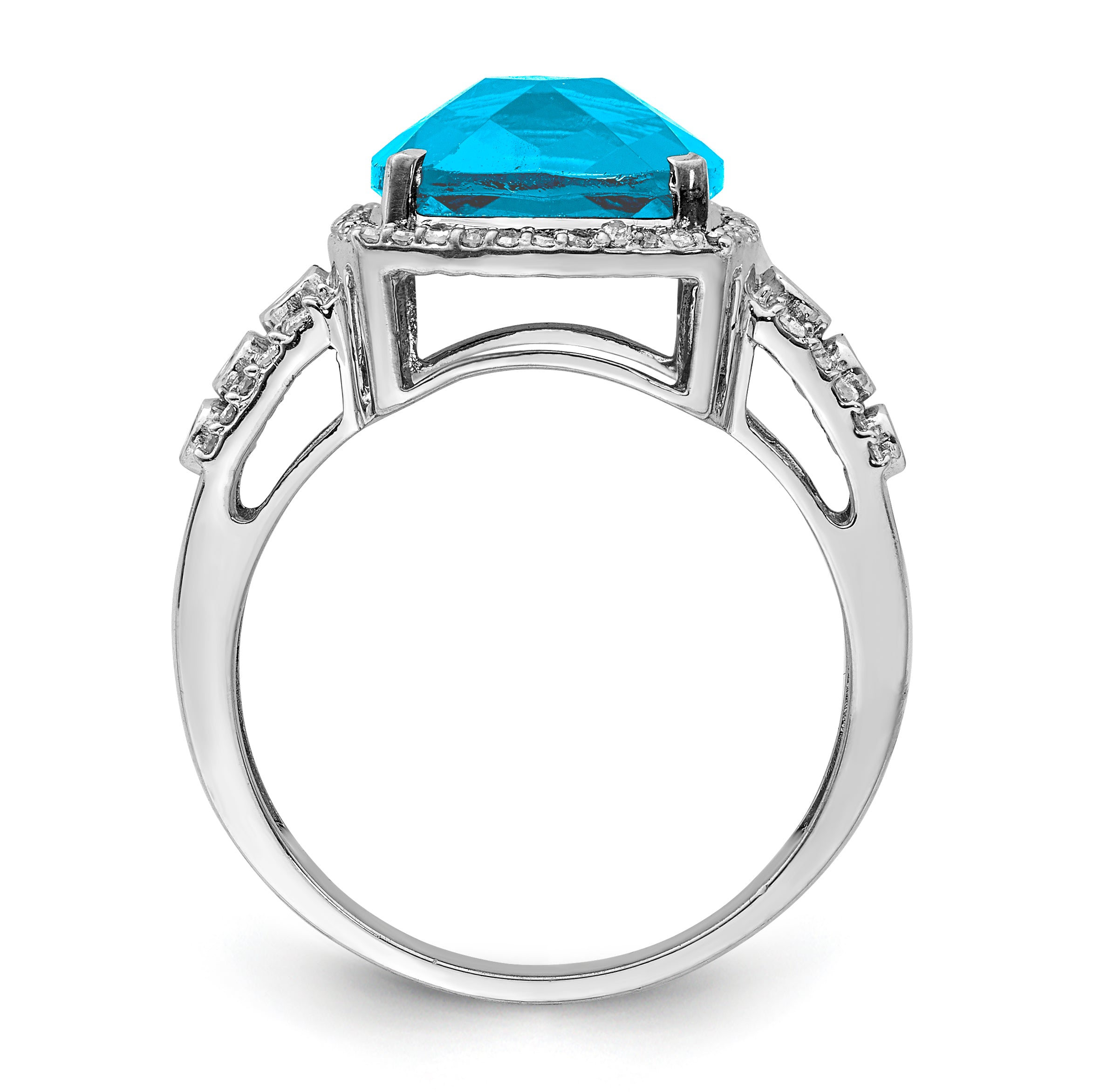 Sterling Silver Rhodium Checker-Cut Blue Topaz & Diam. Ring