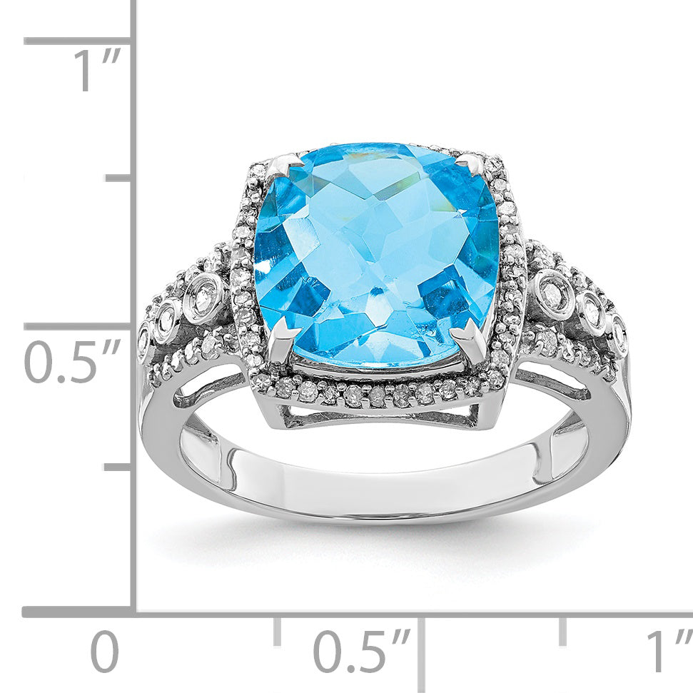 Sterling Silver Rhodium Checker-Cut Blue Topaz & Diam. Ring