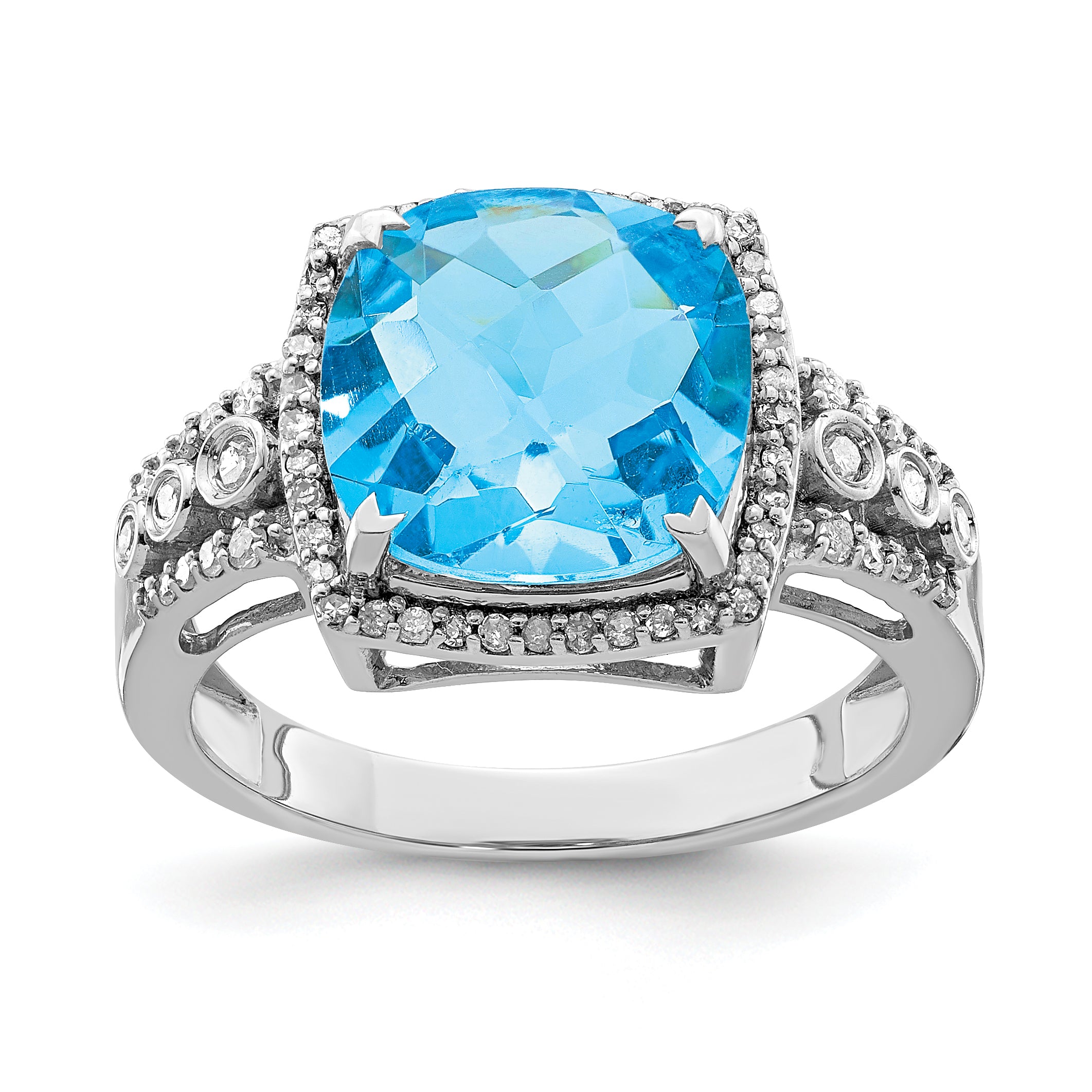 Sterling Silver Rhodium Checker-Cut Blue Topaz & Diam. Ring Main image