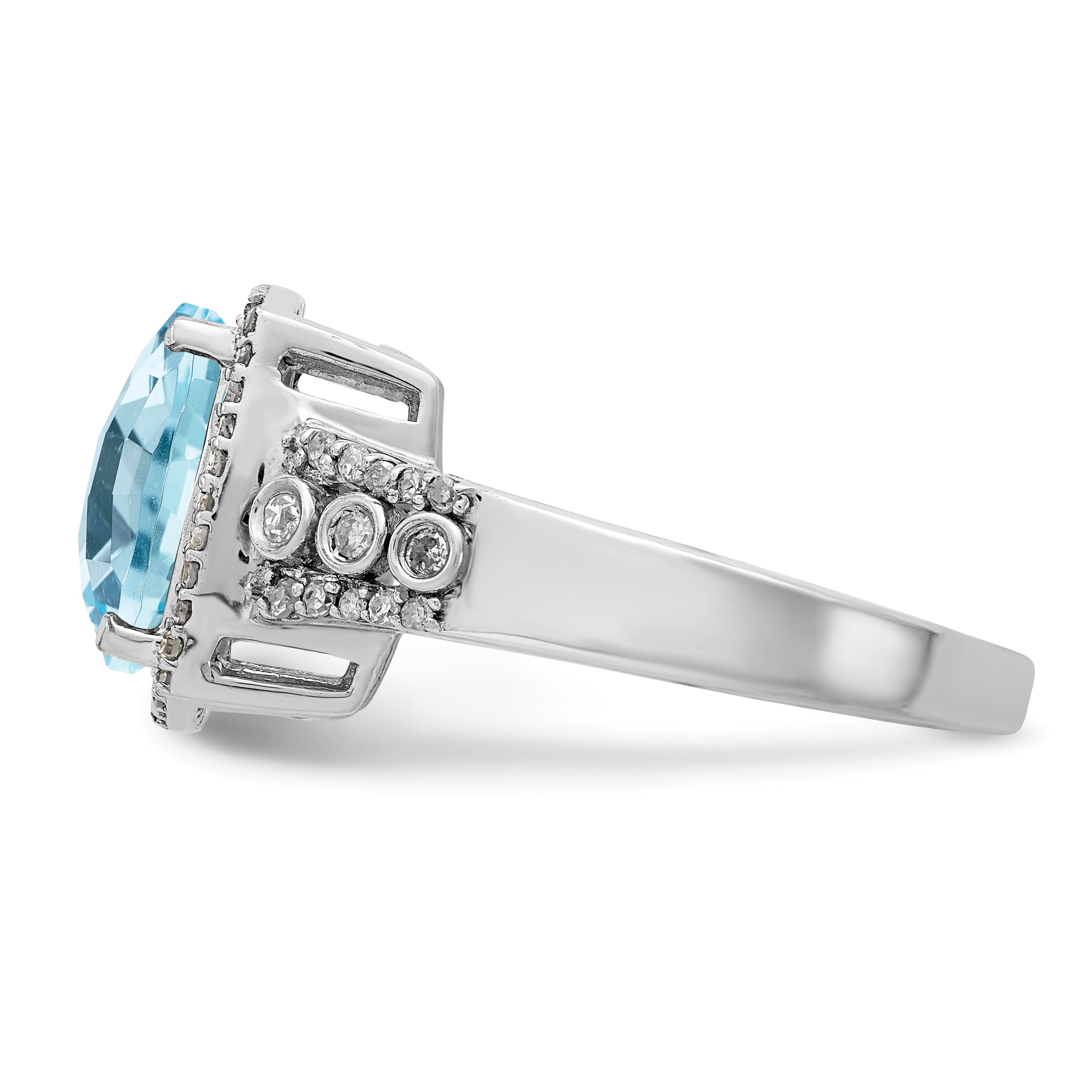 Sterling Silver Rhodium Diam. & Checker-Cut Sky Blue Topaz Ring