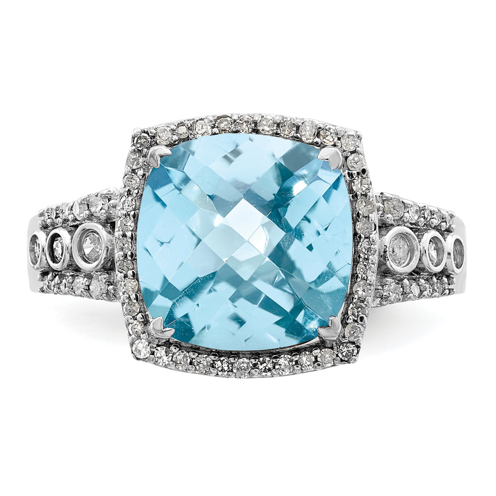 Sterling Silver Rhodium Diam. & Checker-Cut Sky Blue Topaz Ring