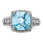Sterling Silver Rhodium Diam. & Checker-Cut Sky Blue Topaz Ring