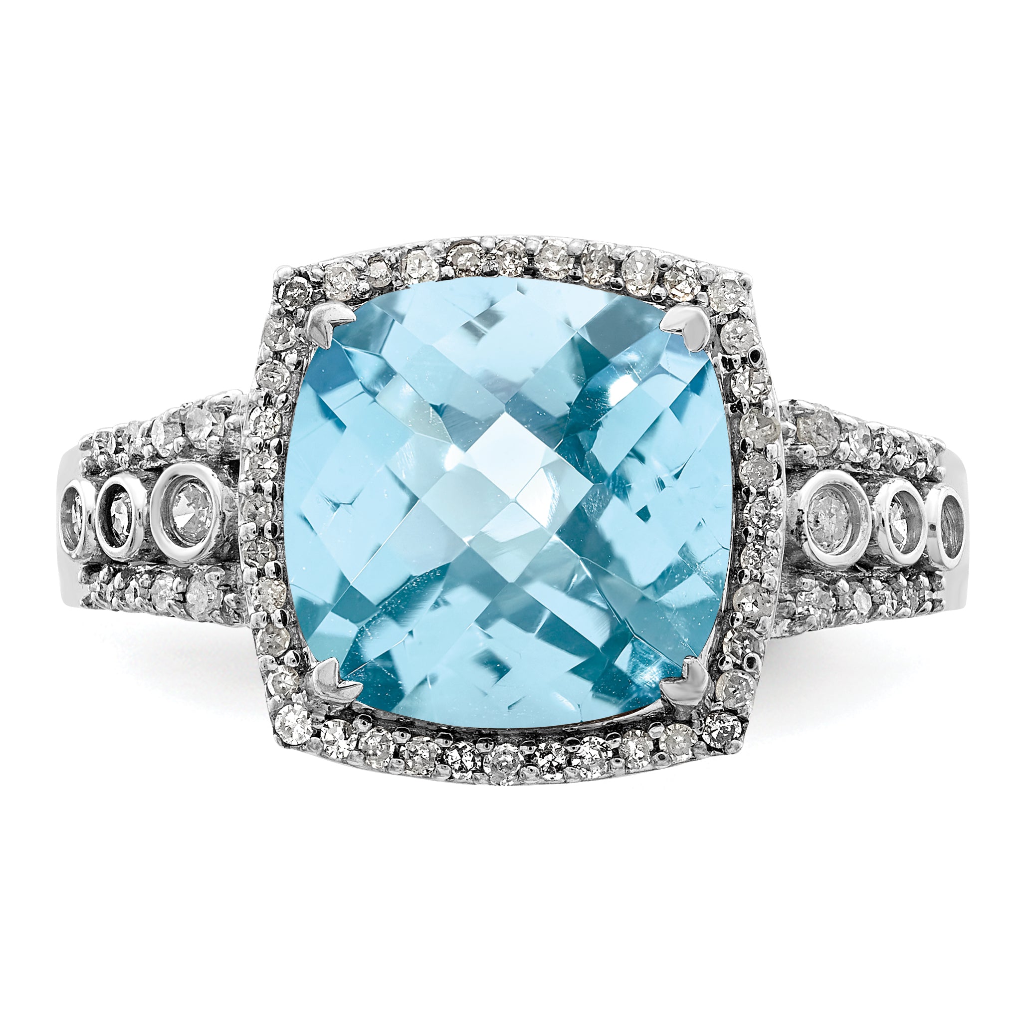 Sterling Silver Rhodium Diam. & Checker-Cut Sky Blue Topaz Ring