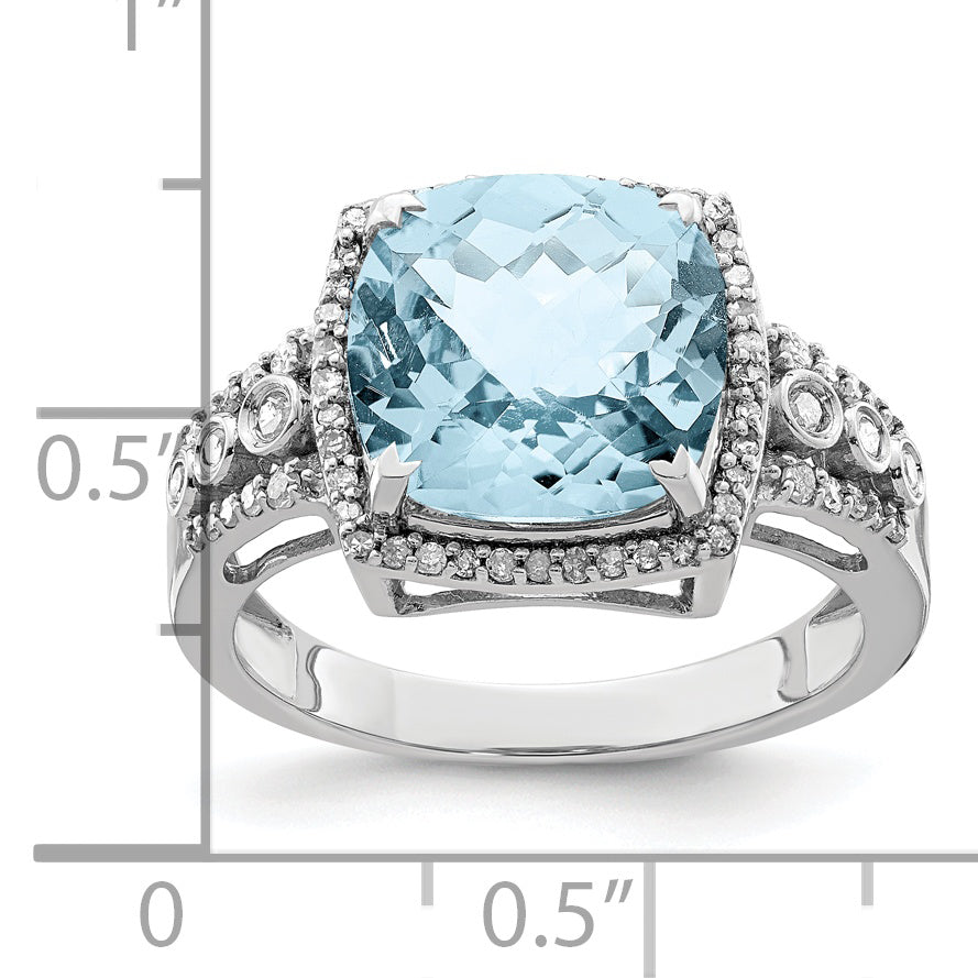 Sterling Silver Rhodium Diam. & Checker-Cut Sky Blue Topaz Ring