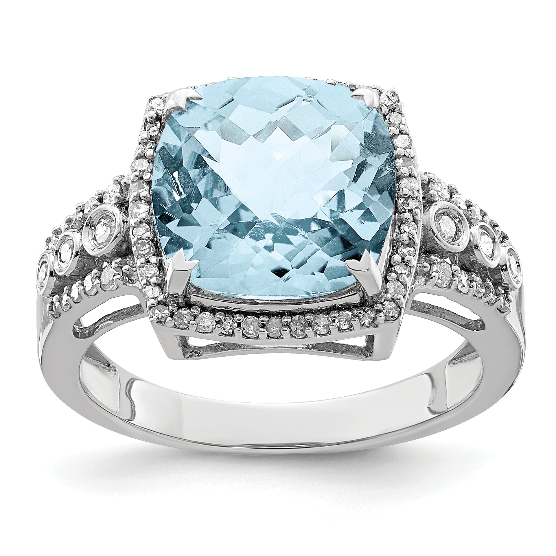 Sterling Silver Rhodium Diam. & Checker-Cut Sky Blue Topaz Ring