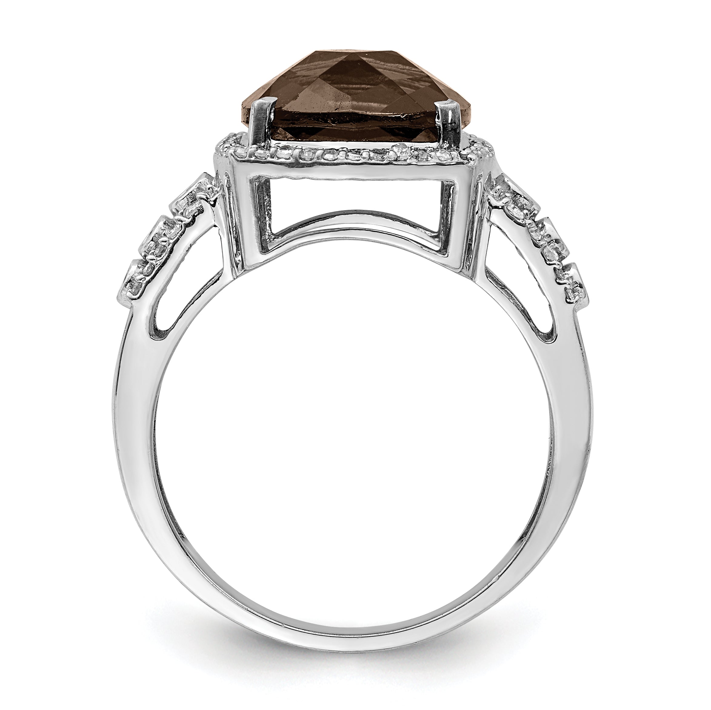 Sterling Silver Rhodium Diam. & Checker-Cut Smoky Quartz Ring