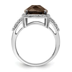 Sterling Silver Rhodium Diam. & Checker-Cut Smoky Quartz Ring