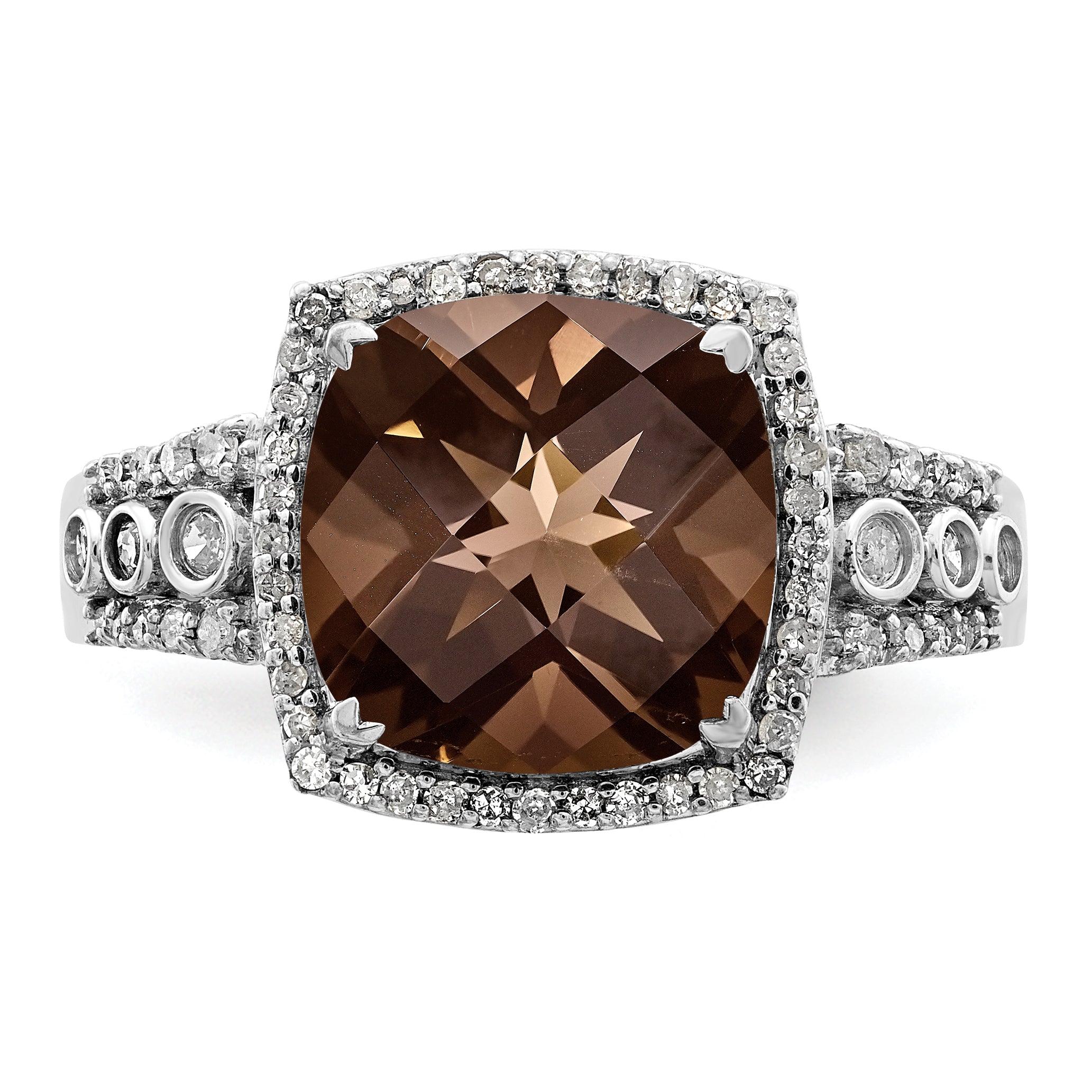 Sterling Silver Rhodium Diam. & Checker-Cut Smoky Quartz Ring