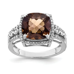 Sterling Silver Rhodium Diam. & Checker-Cut Smoky Quartz Ring