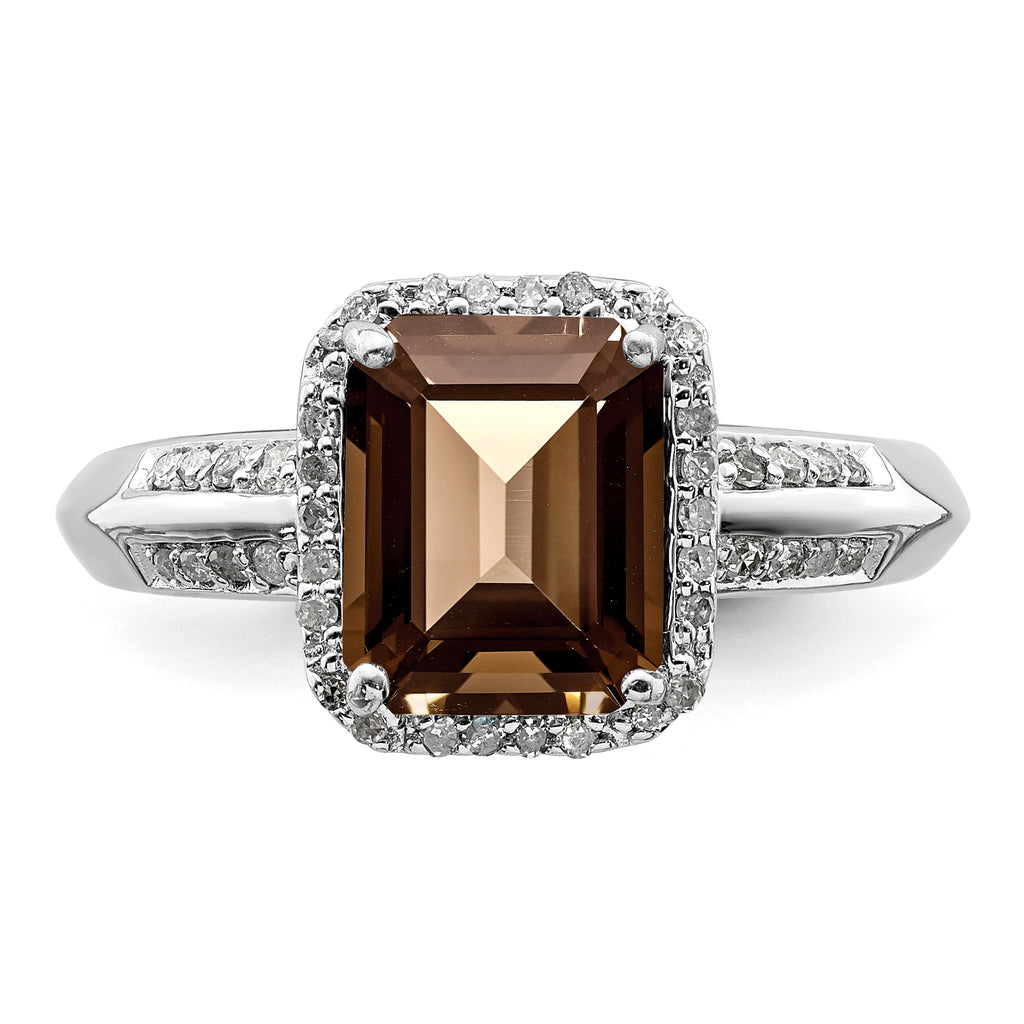 Sterling Silver Rhodium Diam. & Smoky Quartz Ring