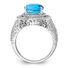 Sterling Silver Rhodium Oval Blue Topaz & Diam. Ring
