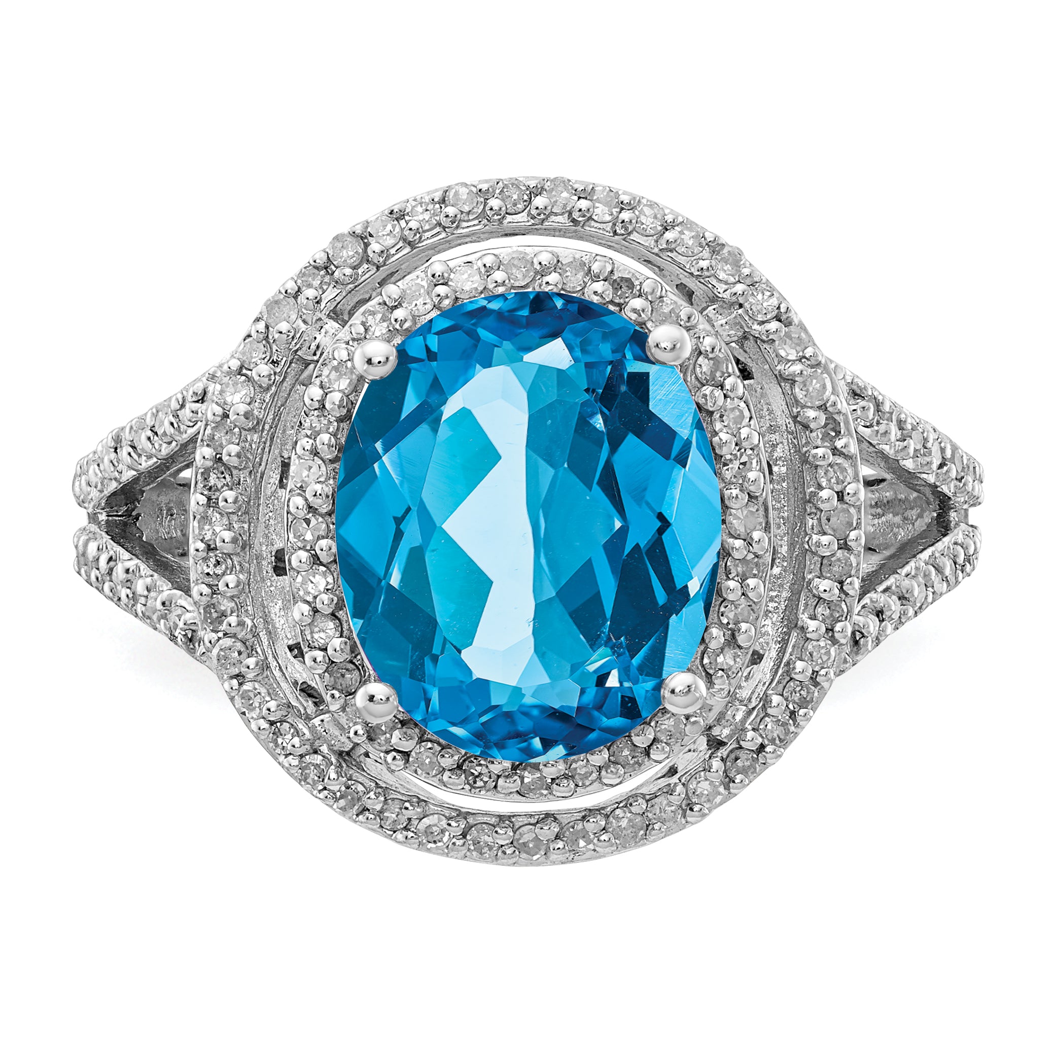 Sterling Silver Rhodium Oval Blue Topaz & Diam. Ring