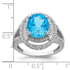 Sterling Silver Rhodium Oval Blue Topaz & Diam. Ring