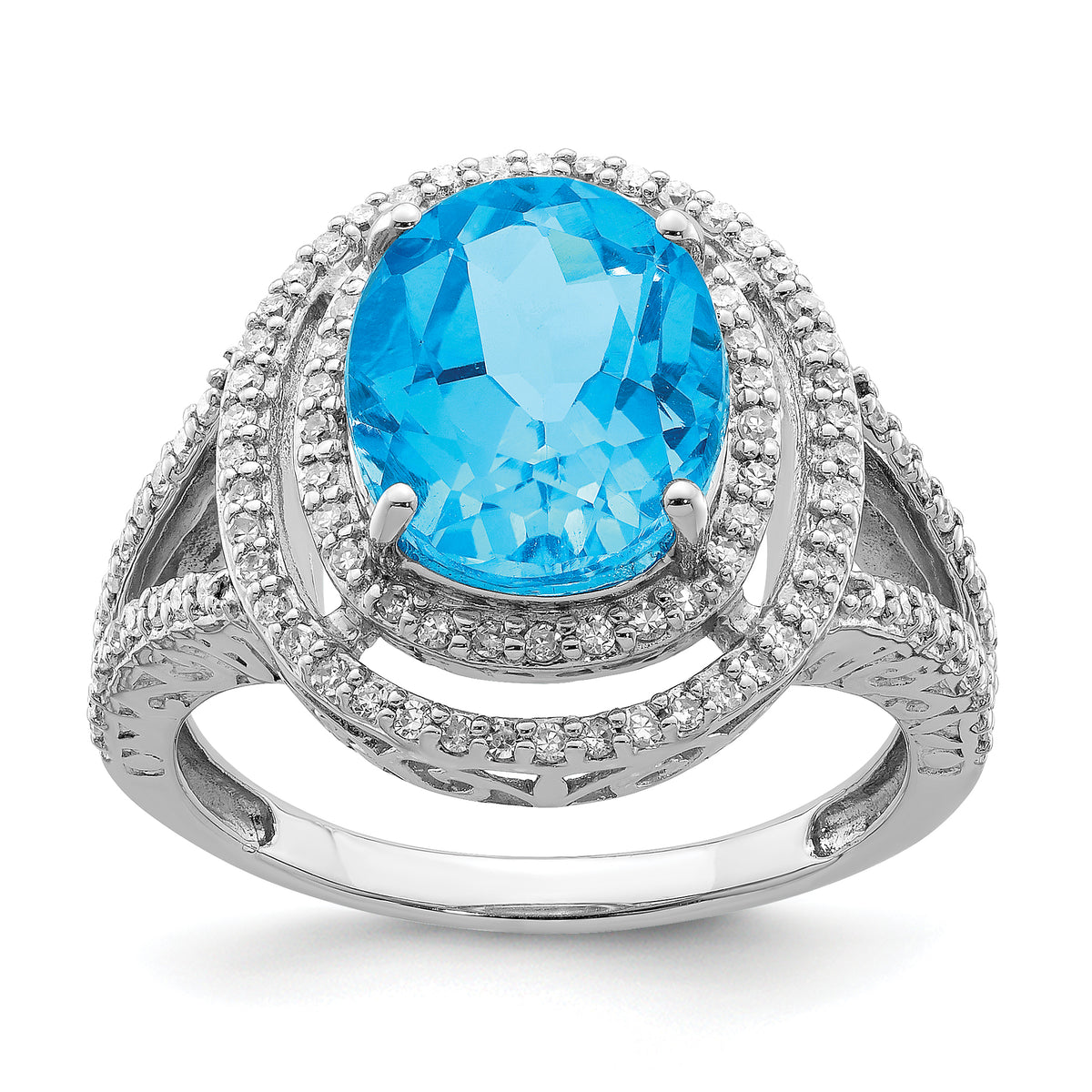 Sterling Silver Rhodium Oval Blue Topaz & Diam. Ring
