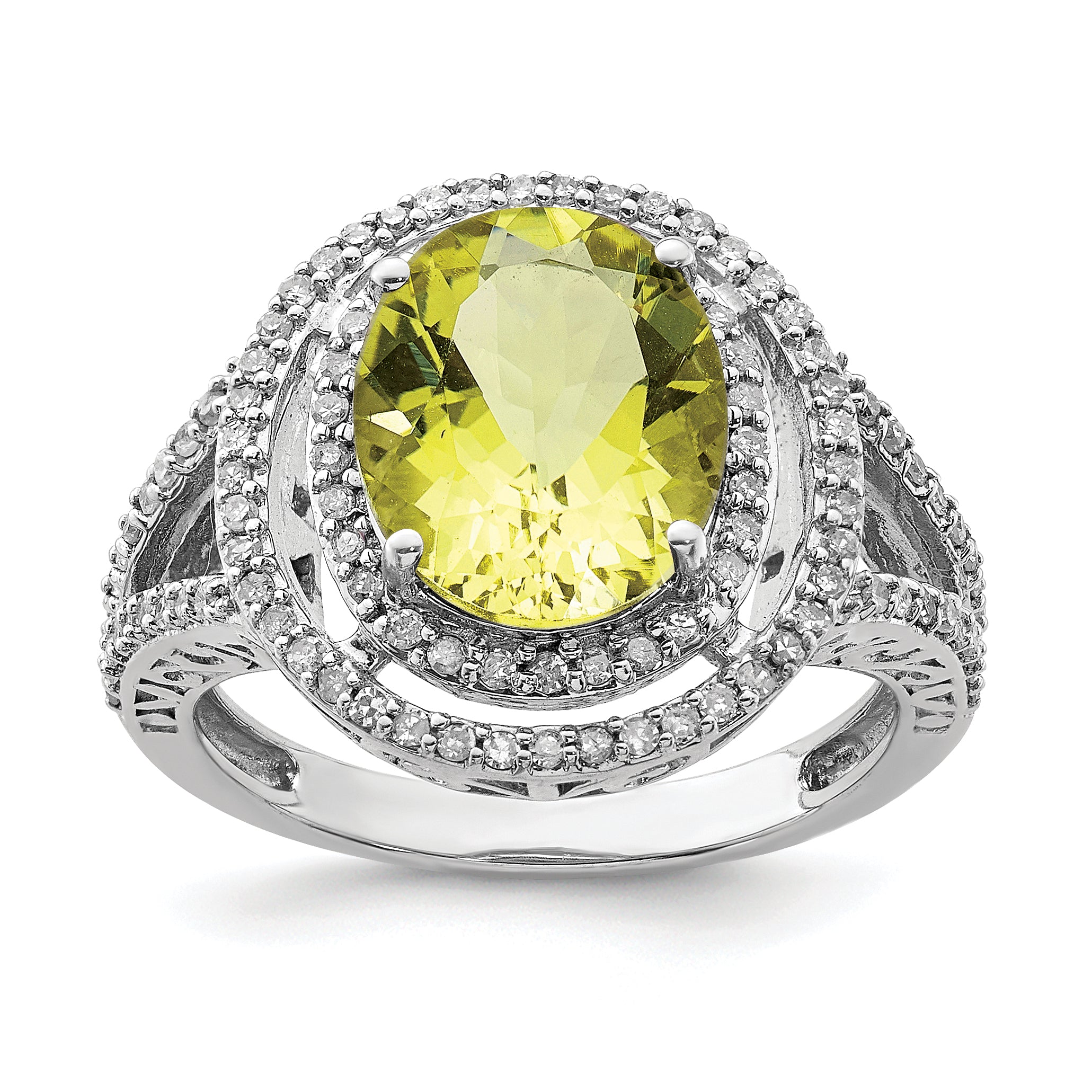 Sterling Silver Rhodium Diam. & Lemon Quartz Ring
