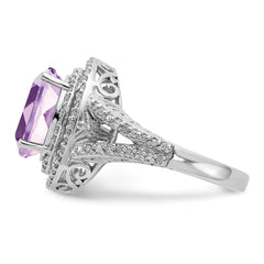 Sterling Silver Rhodium Oval Diam. & Pink Quartz Ring
