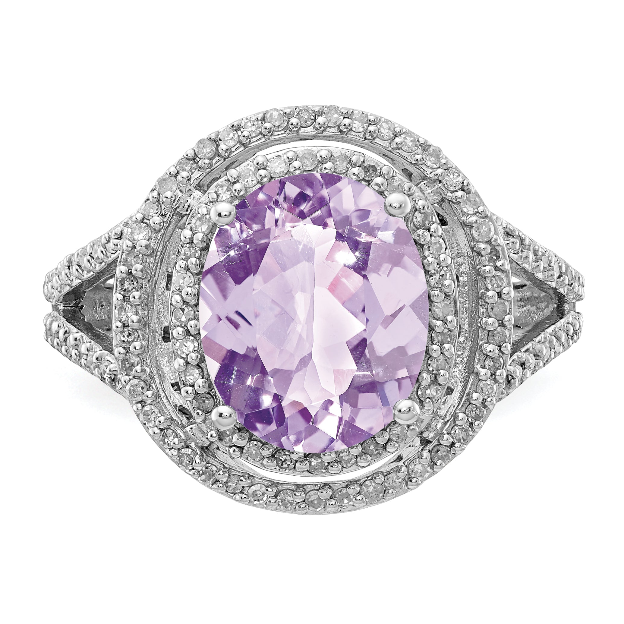 Sterling Silver Rhodium Oval Diam. & Pink Quartz Ring