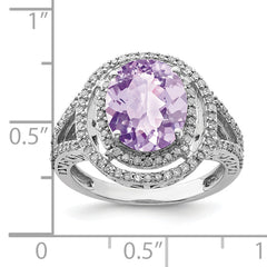 Sterling Silver Rhodium Oval Diam. & Pink Quartz Ring